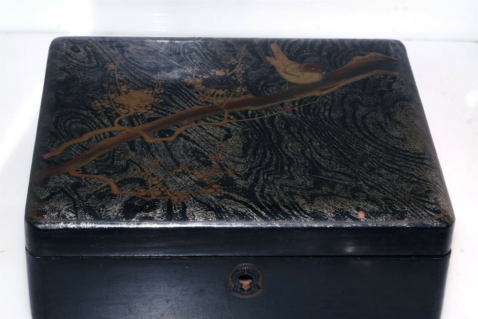 Early Japanese Painted Lacquer Dresser Box Gold Bird Mother Of Pearl