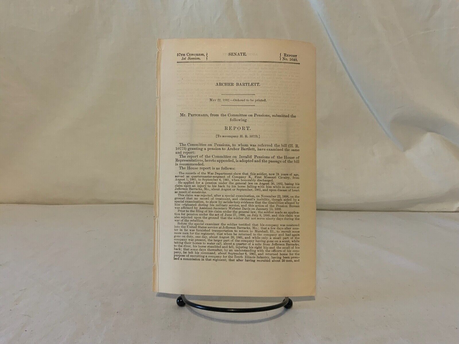 Antique 1902 Government Report Archer Bartlett Co. K 1st Missouri Cavalry