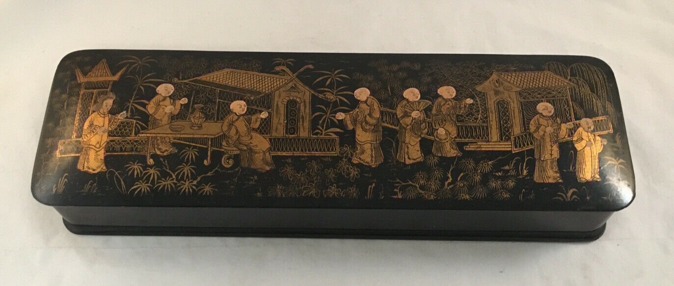 Antique Japanese Black Lacquer Lacquered Dresser Box Hand Painted Decorated