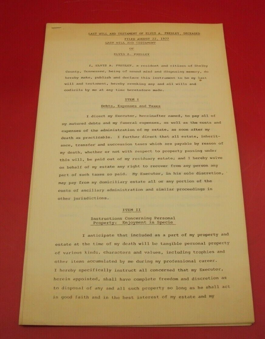 Elvis Presley - Last Will And Testament -  14 Pages - Public Document - 3/3/77