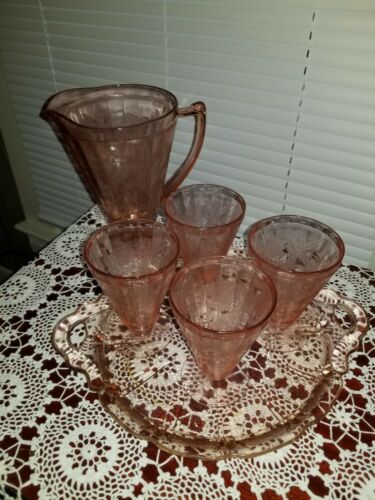 Jeanette Vintage Pink Floral Depression Glass 7.5" Pitcher & 4.75” Tall Goblets