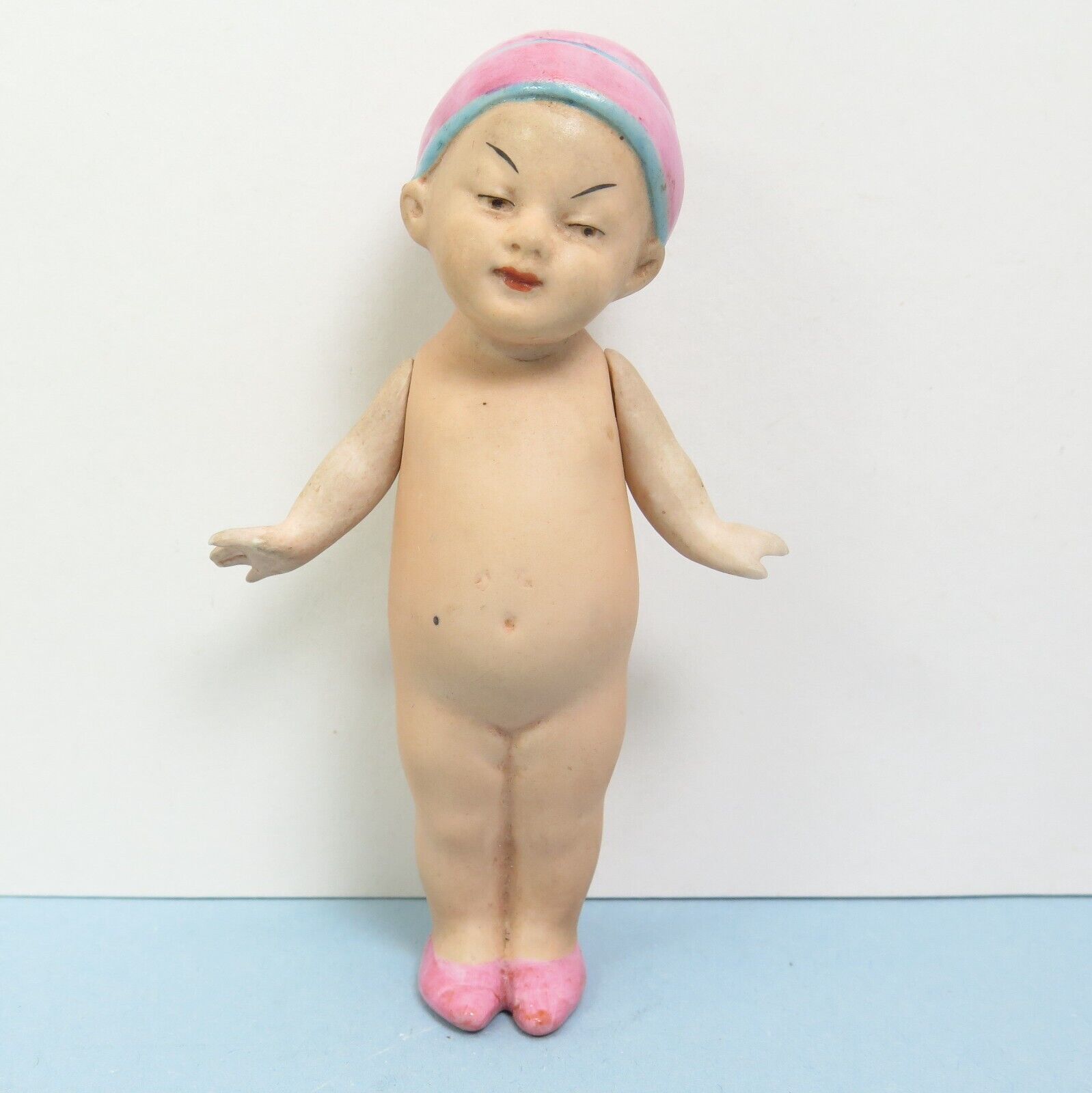 Vintage  Asian Doll Porcelain Bisque Braided Ponytail Pink Cap & Shoes 4-1/8"