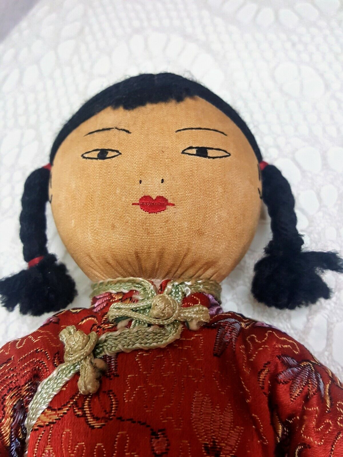 Vintage Chinese Handmade Cloth Doll W/ Silk Clothing Stitched 10"