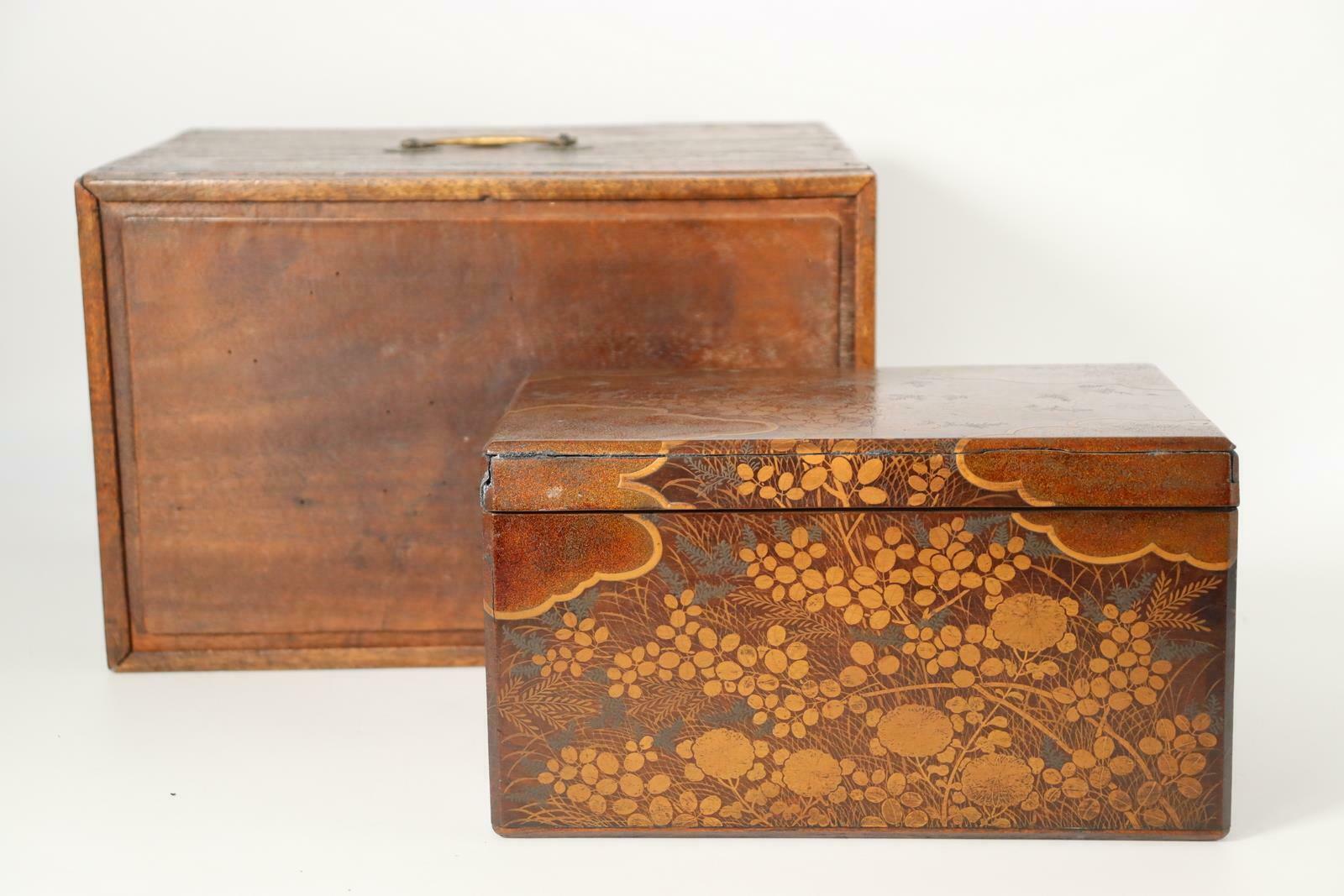 Japanese Antique Wooden Gold Makie Box Meiji Era Autumn Grass Pattern Wbx60