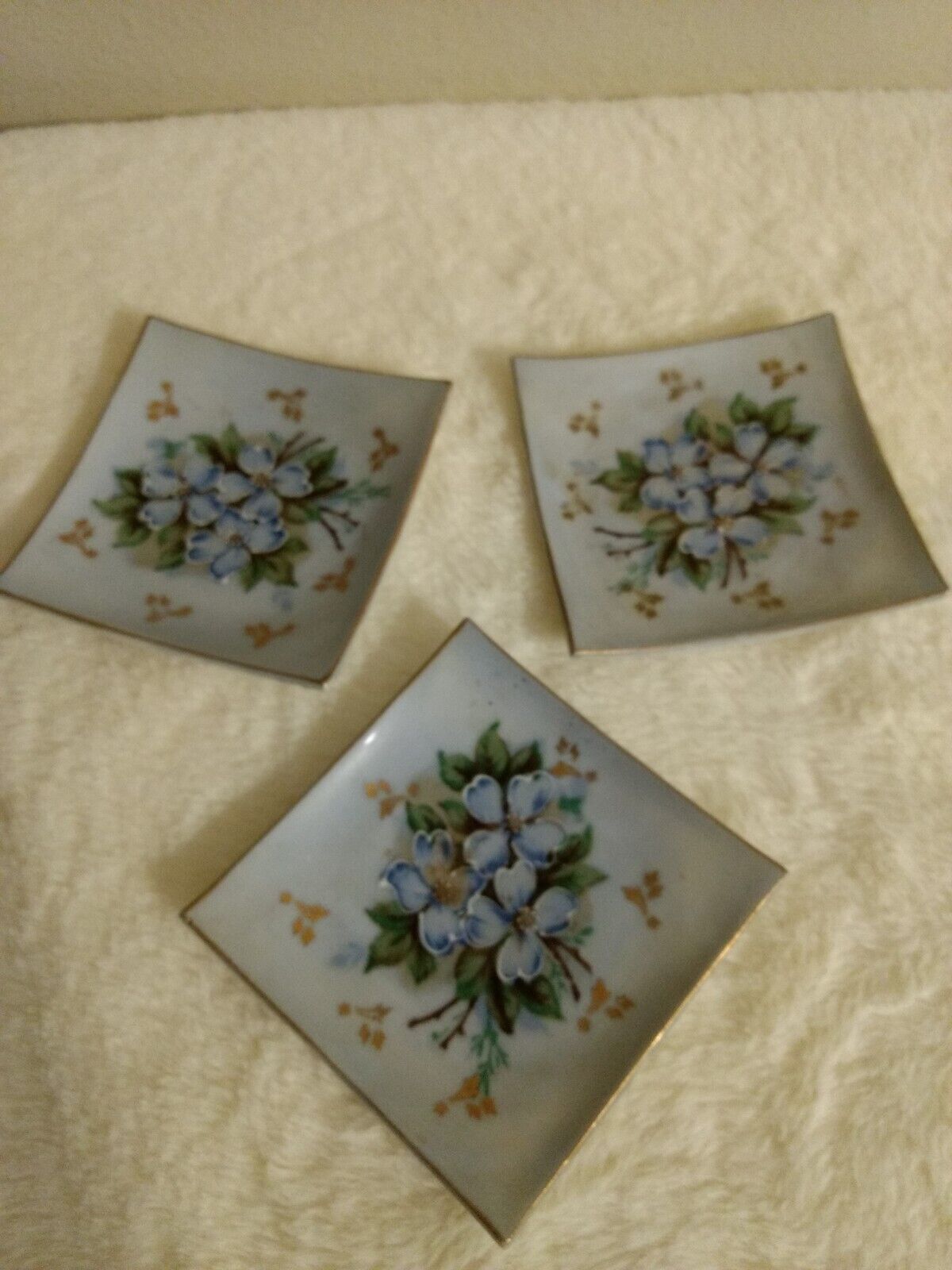 3 Small French Square Porcelain Plates/dishes Purple Floral Designed 3.5"
