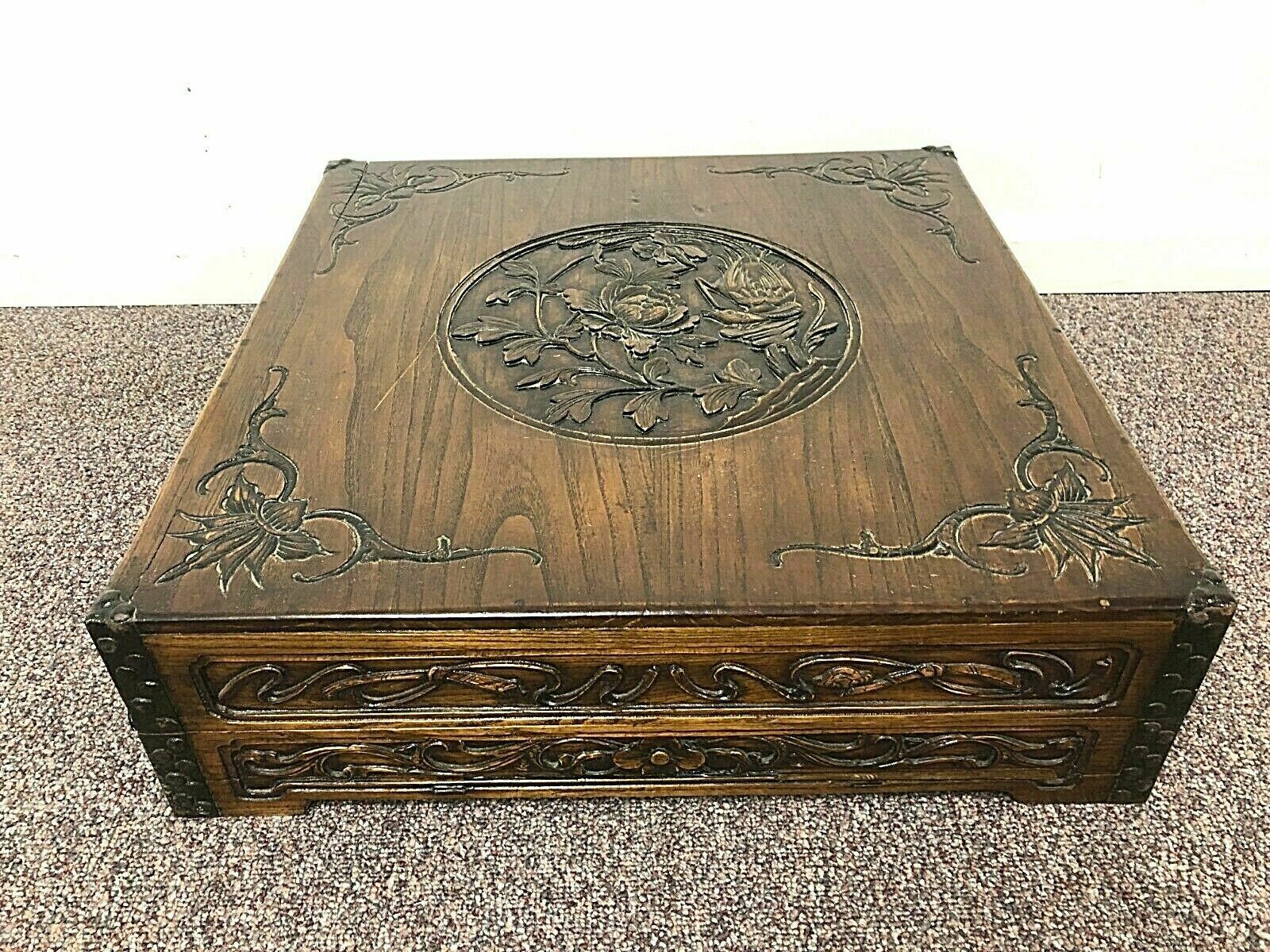Japanese Square Lacquered Box Trunk With Carved Bird & Peony Flower Motif