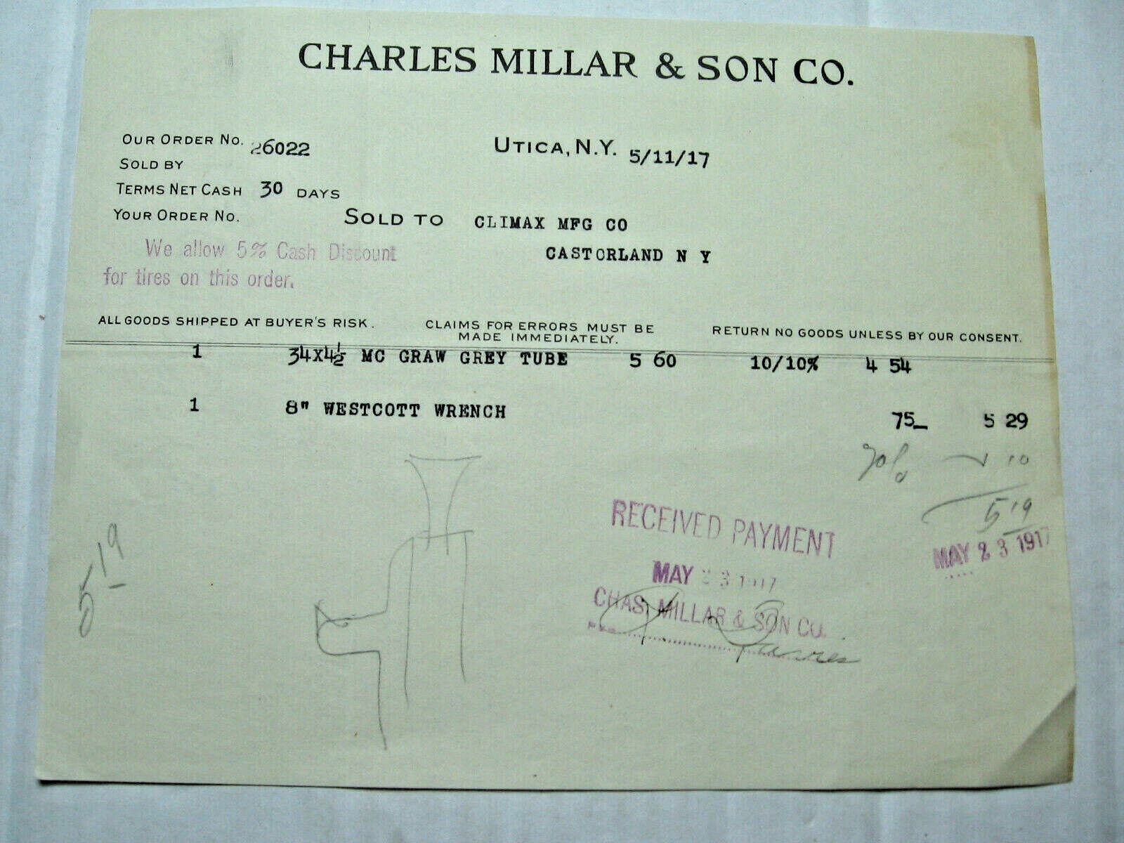 5-11-1917 Charles Millar & Son Co. Invoice Sent To Company In Castorland, N.y.