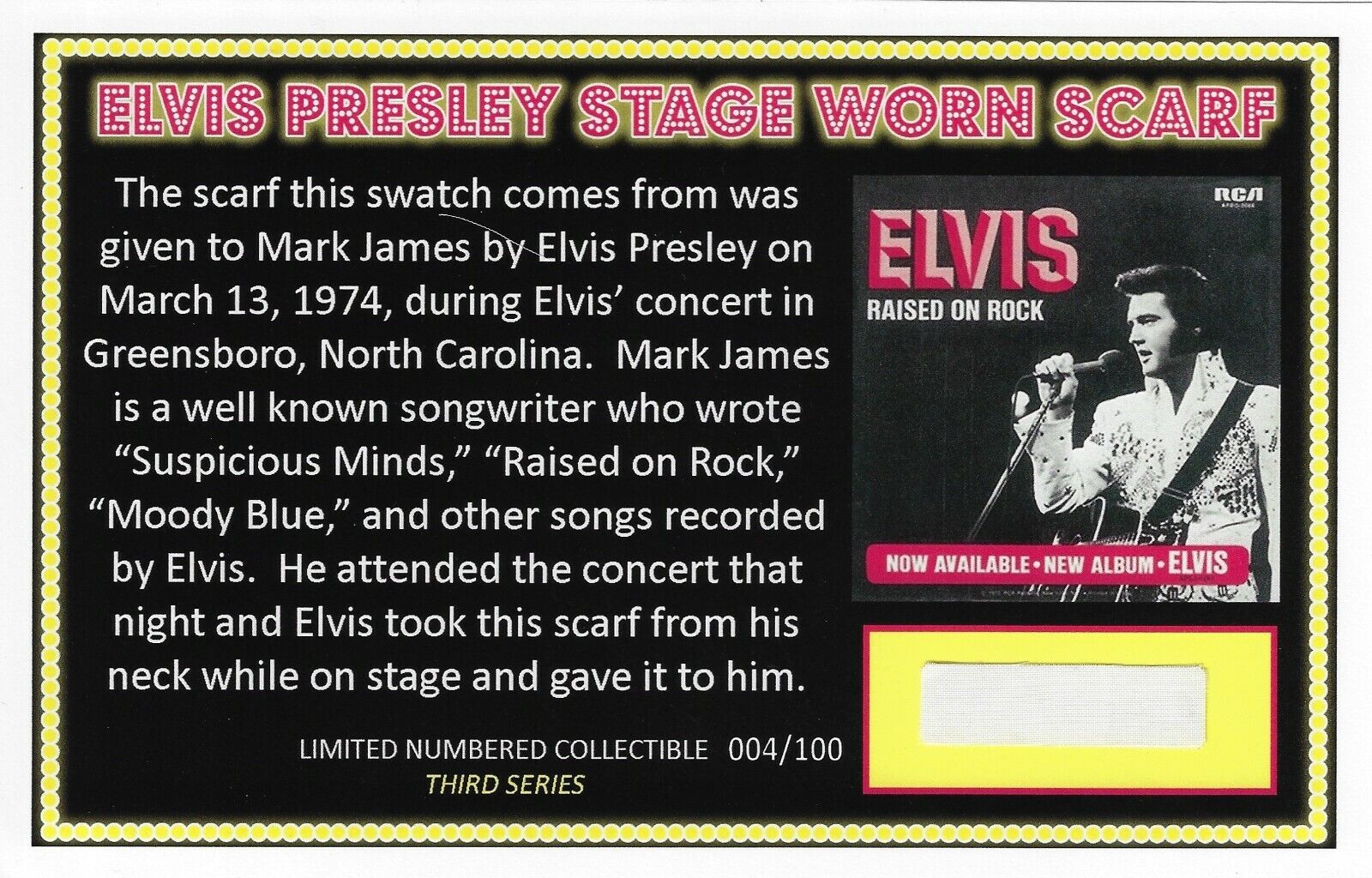 Elvis Presley Owned Stage Worn Scarf Swatch - Mark James - Suspicious Minds!
