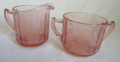 Depression Glass Pink Floral Poinsettia Open Sugar Bowl And Cream Pitcher