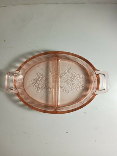 Jeannette Depression Pink Oval Handled  Divided Relish Or Candy Dish