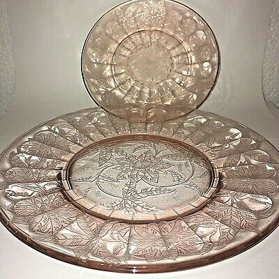Jeanette Pink Depression Glass - Poinsettia Floral - Lot Of 2 - Salad & Saucer