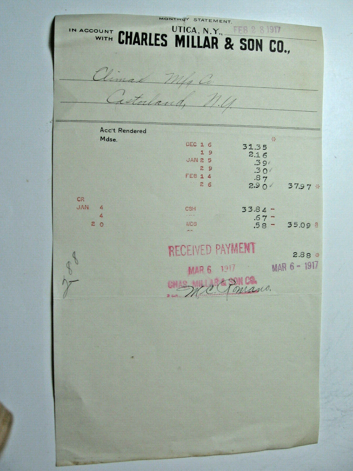 2-28-1917 Charles Millar & Son Co. Invoice Sent To Company In Castorland,n.y.