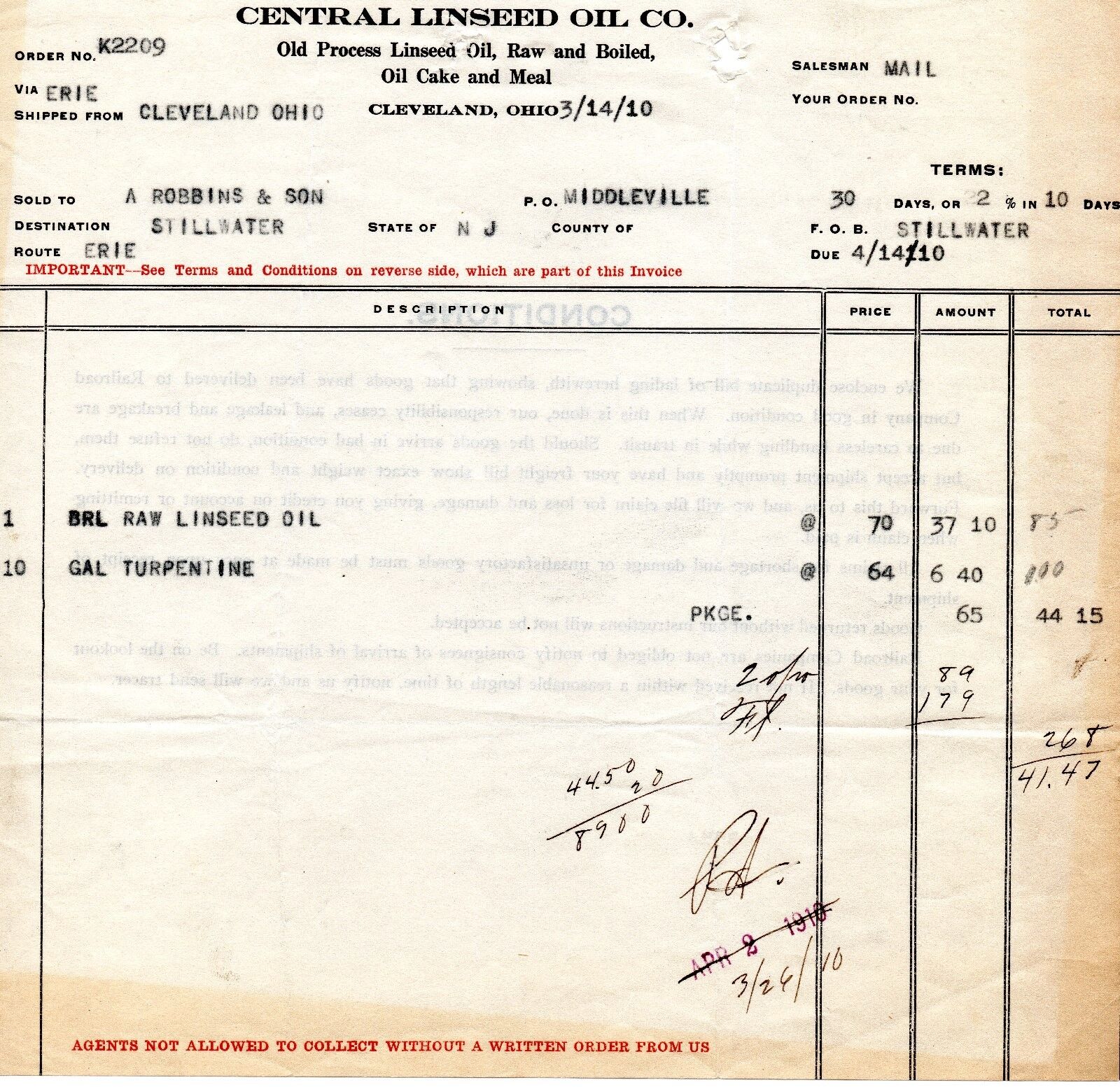 4/14/10 Central Linseed Oil Co. Paper Invoice