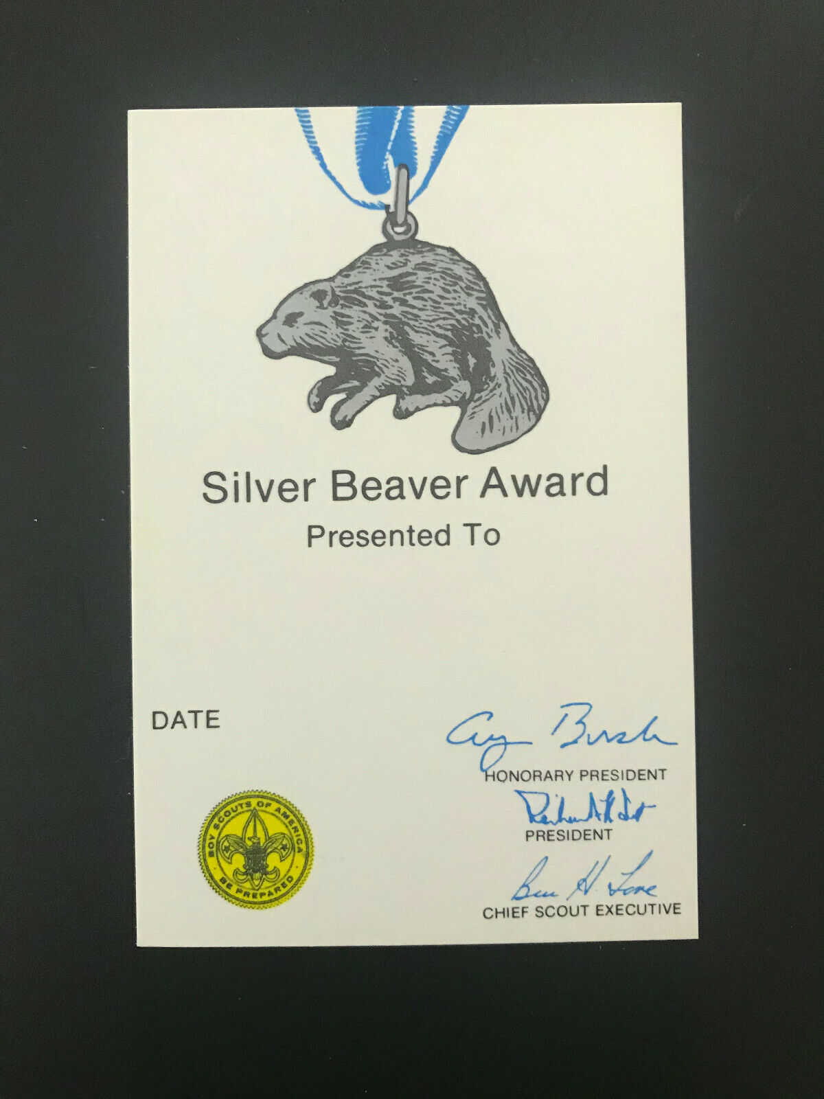 Bsa Boy Scouts Of America Silver Beaver Card Unused, 1990 Printing, George Bush