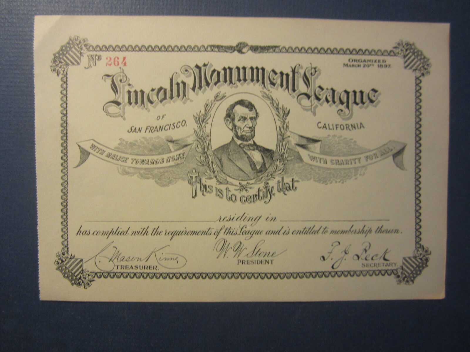 Old C.1900 - Lincoln Monument League Of San Francisco - Membership Certificate