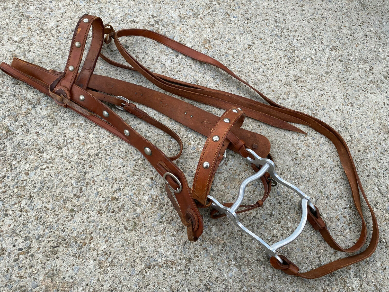 Vintage Dotted Western Ranch Horse Bridle W Engraved Crockett Grazing Bit