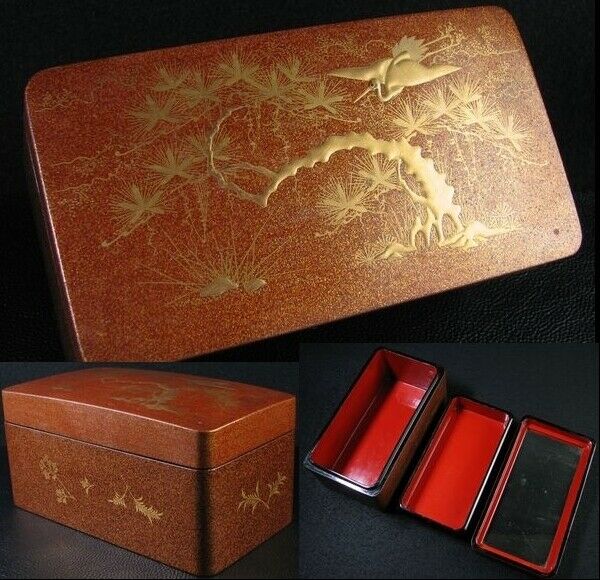 Meiji Taisho Period Japanese Wooden Makie Lacquer Cosmetics Box Crane Pine Tree
