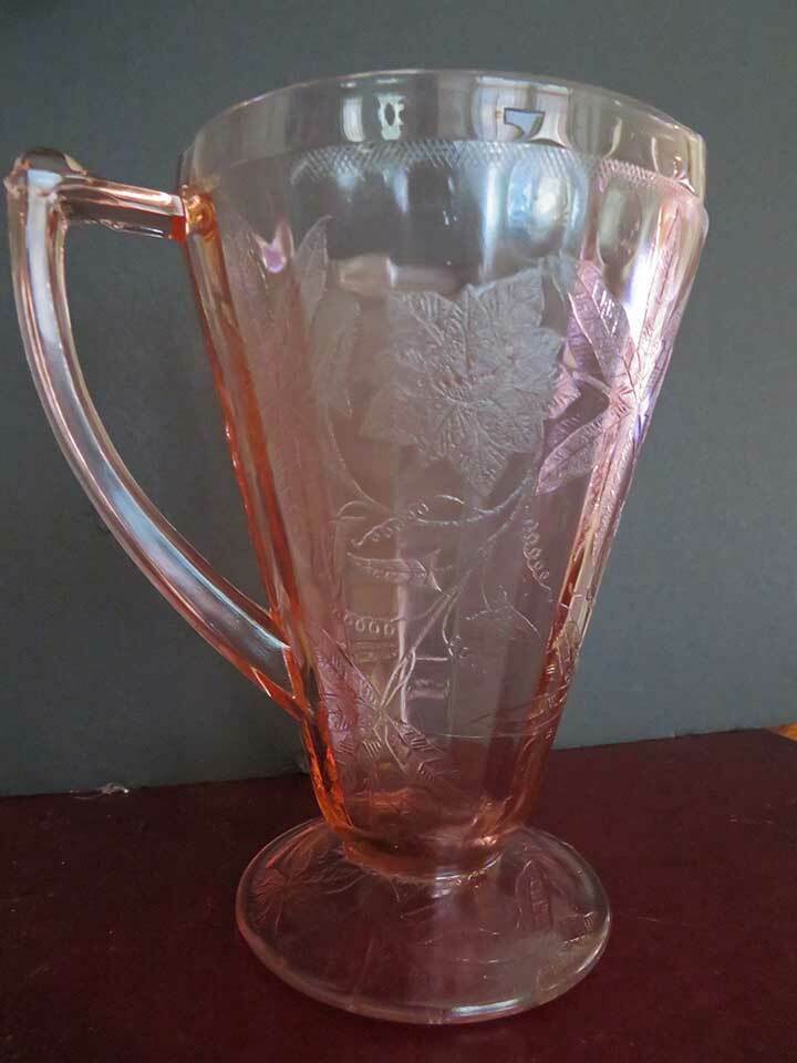 1930s Pink Jeannette Glass Poinsettia/floral Footed Pitcher 7 3/4" H