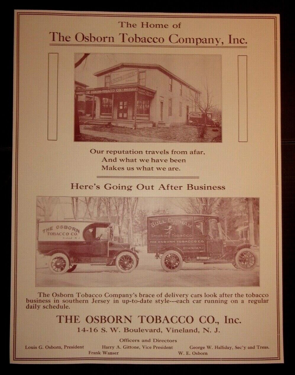 1917 The Osborn Tobacco Company Advertisement Vineland, Nj