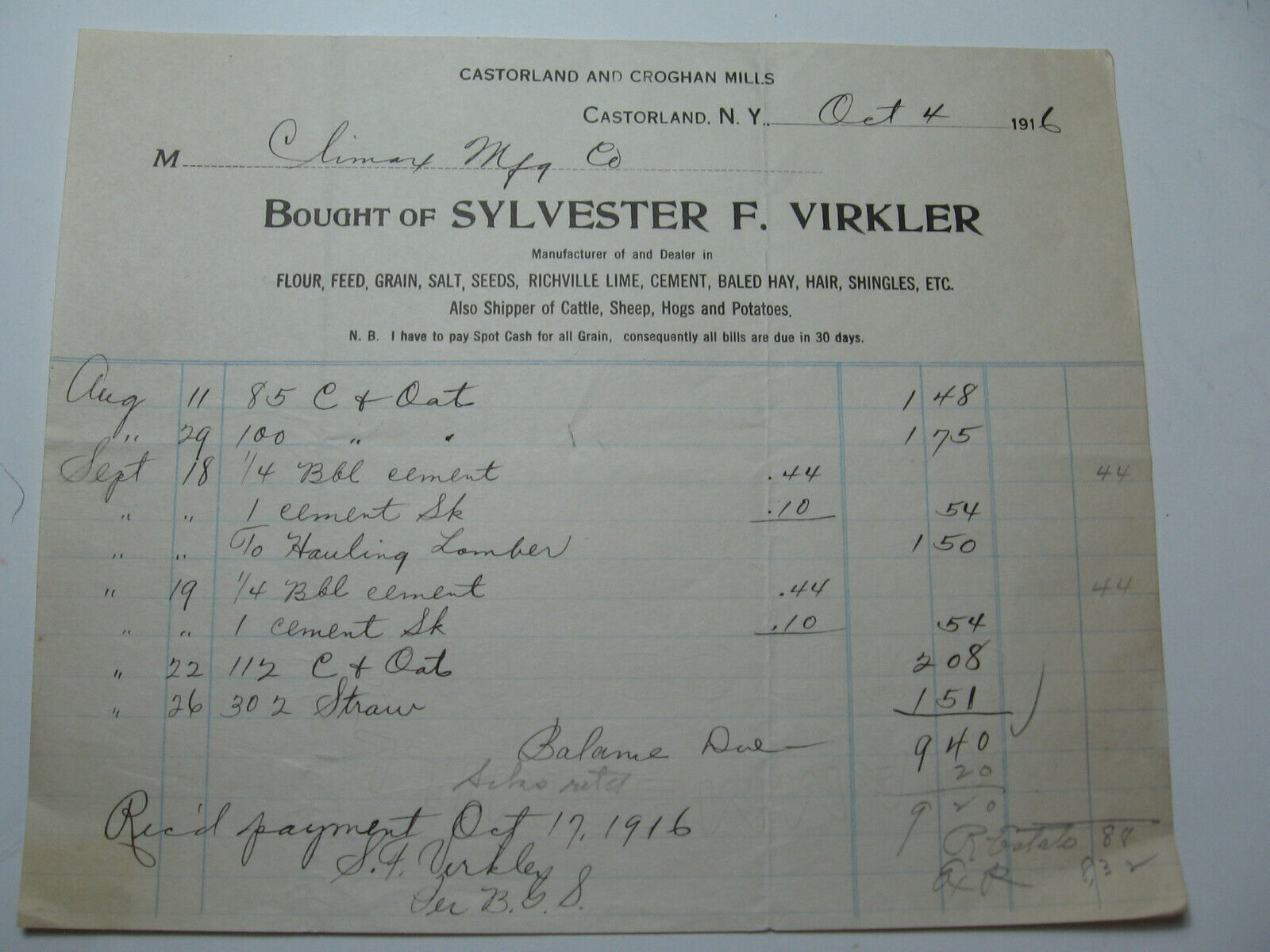 10-4-1916 Sylvester F. Virkler Invoice(no.2) Sent To Company In Castorland, N.y.