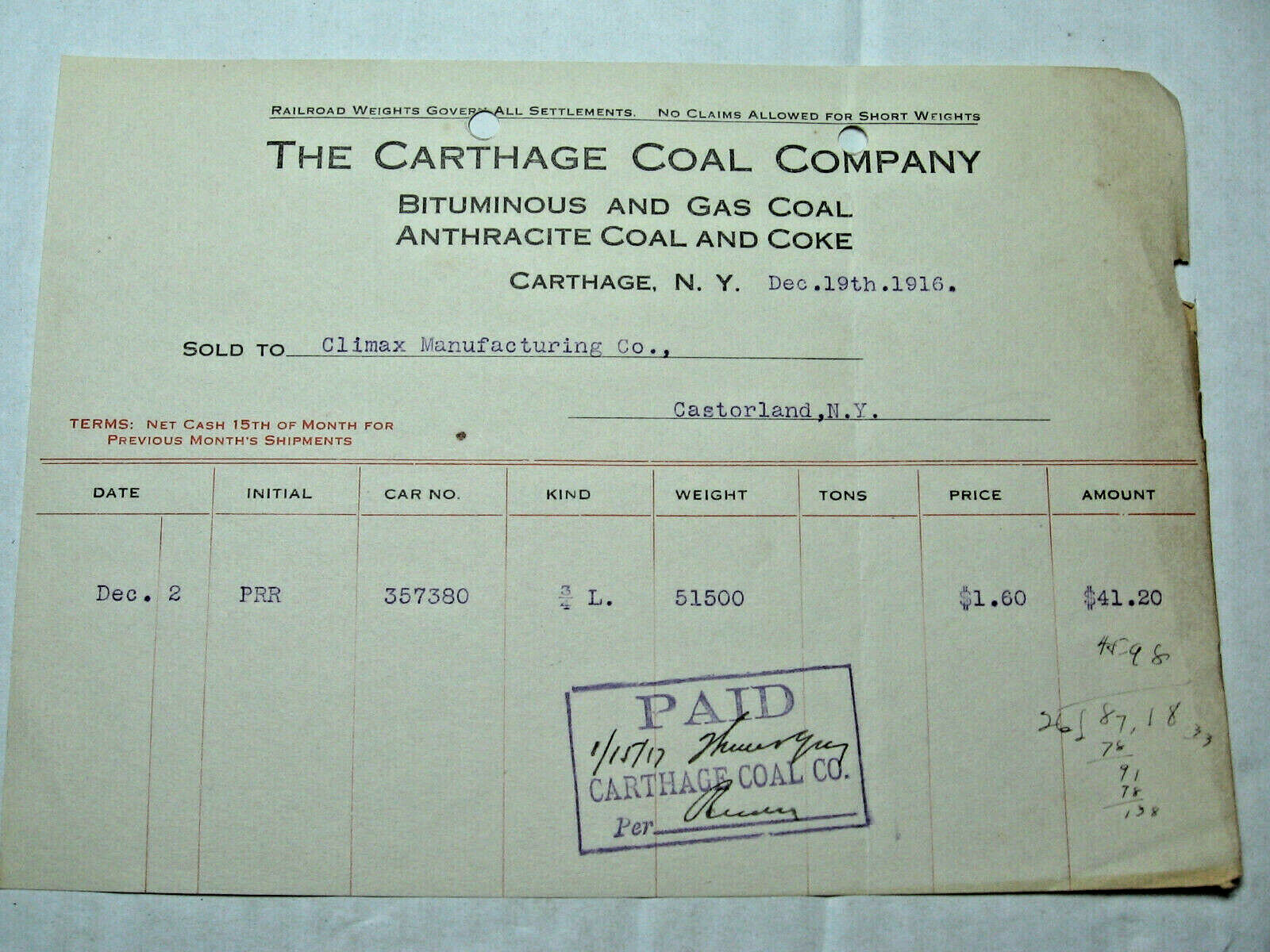 12-19-1916 Carthage Coal Co. Invoice Sent To Company In Castorland, N.y.