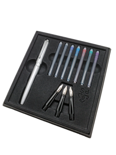 Calligraphy Silver Fountain Pen Gift Set With Hairline Finish