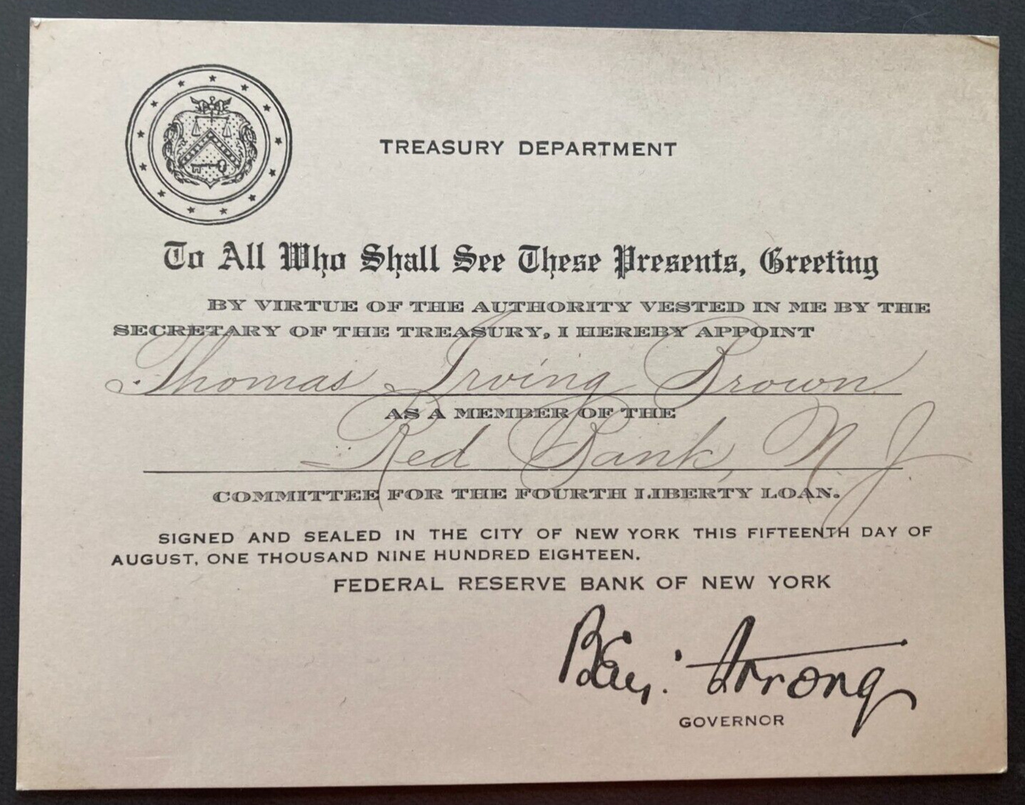 Rare !! 1918 Federal Reserve Bank Of New York Governor Benjamin Strong Signature