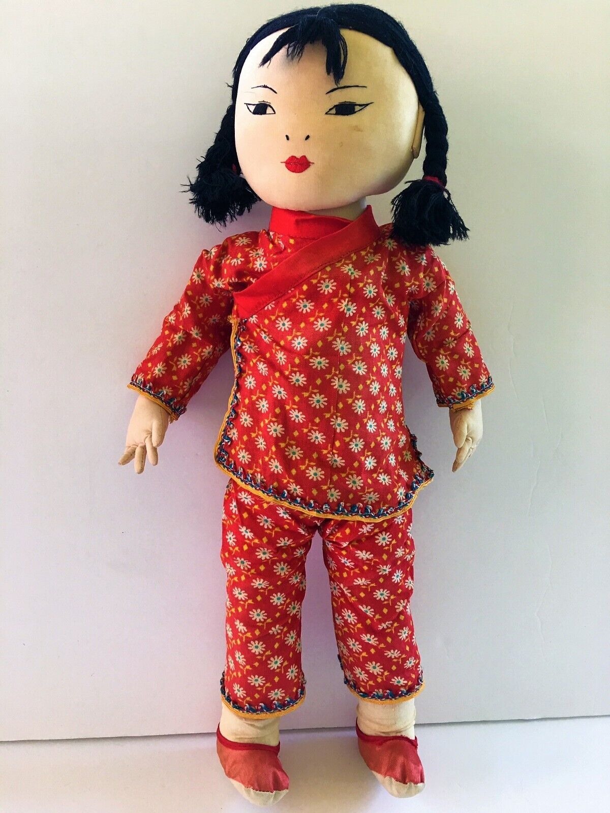 Vintage 18" Chinese Girl Cloth Doll Handmade Embroidered Hong Kong Ada Lum Style