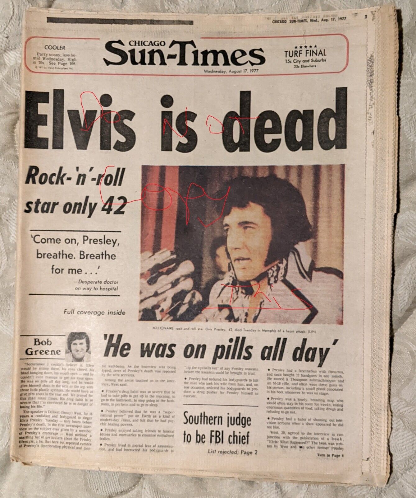 Elvis Presley Death "elvis Is Dead" Chicago Sun Times August 17 1977