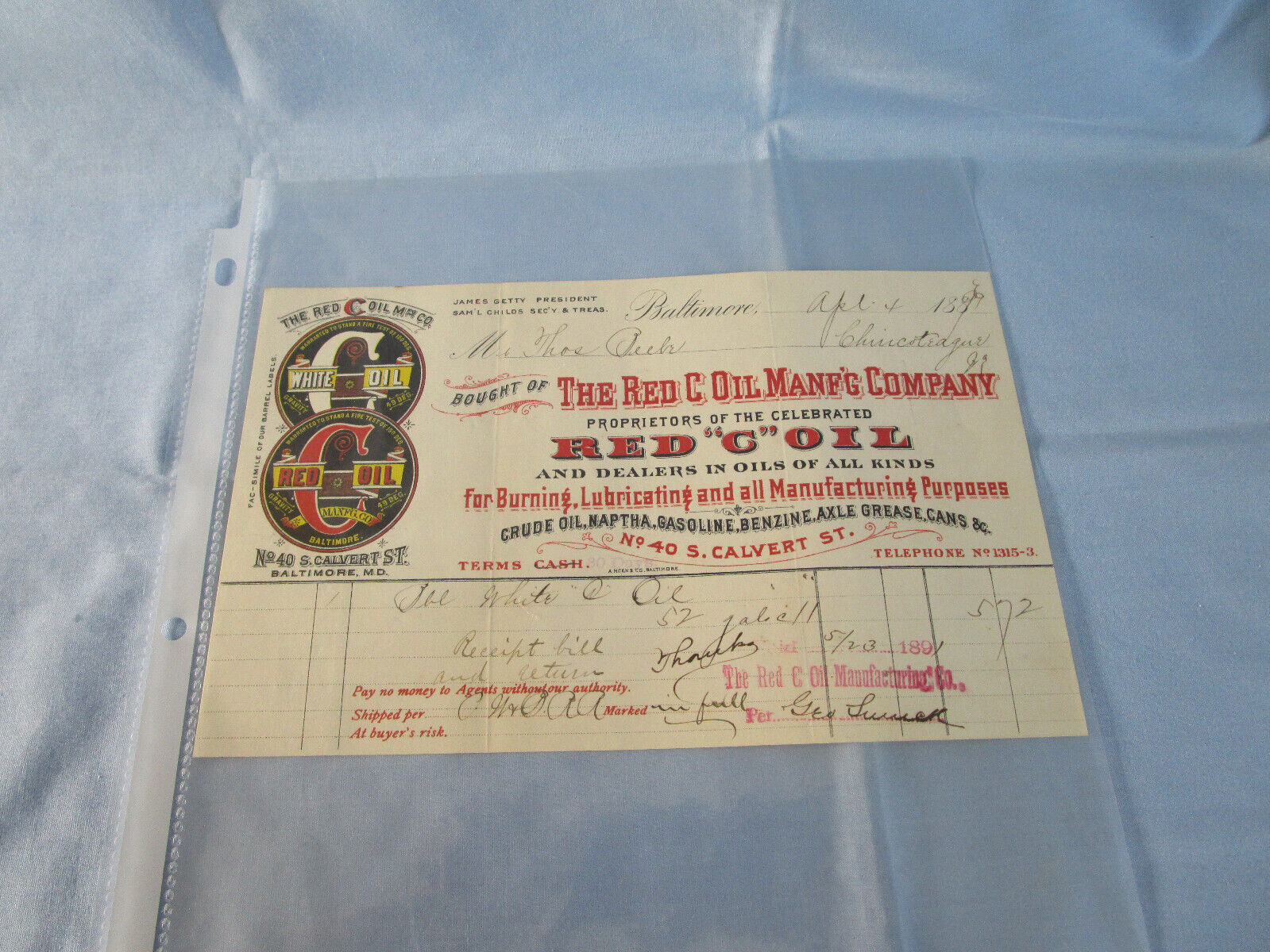 The Red C Oil Manfg Co Baltimore Md Gas Oil Lube Invoice Apr 4 1889 Ephemera