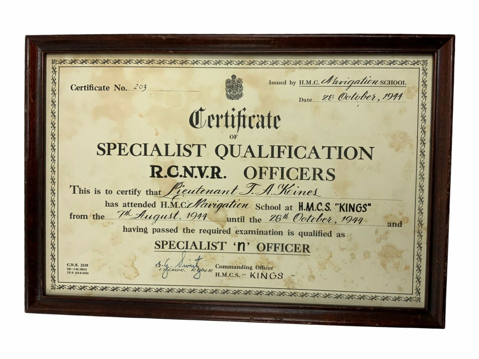 Ww2 Canadian Rcnvr Specialist Officer Qualification Framed Document 12 X 8 Inch