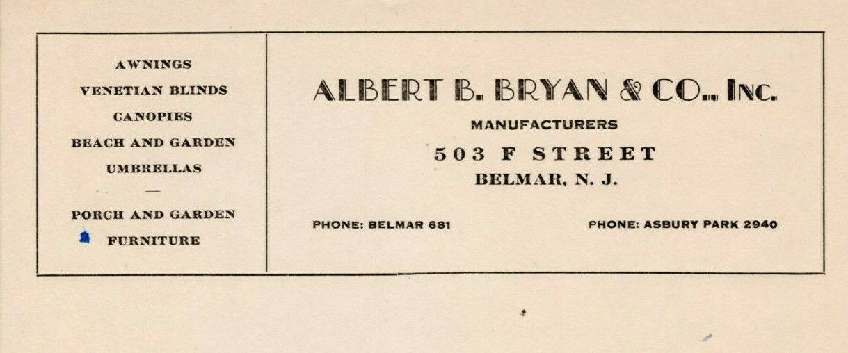 1900s Billhead Belmar New Jersey Albert B Bryan Awnings Beach Umbrellas Nj !!!
