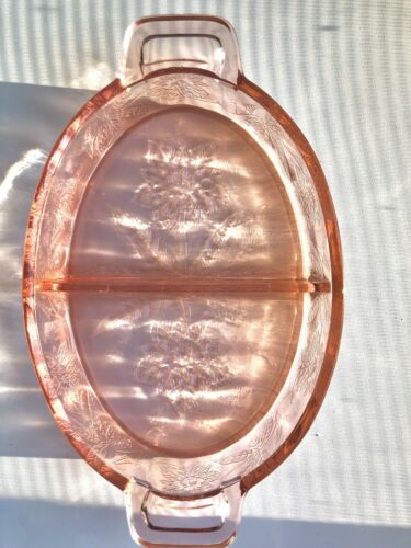 Jeanette Pink Depression Glass Poinsettia Divided Relish Dish Handled 8 1/4"
