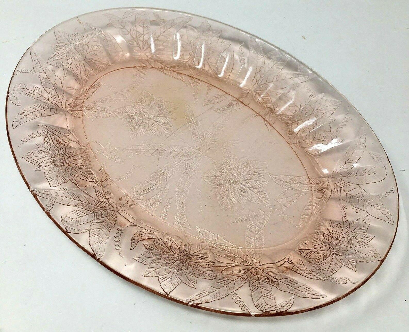 Vintage Pink Jeannette Glass Floral Poinsettia Small Platter